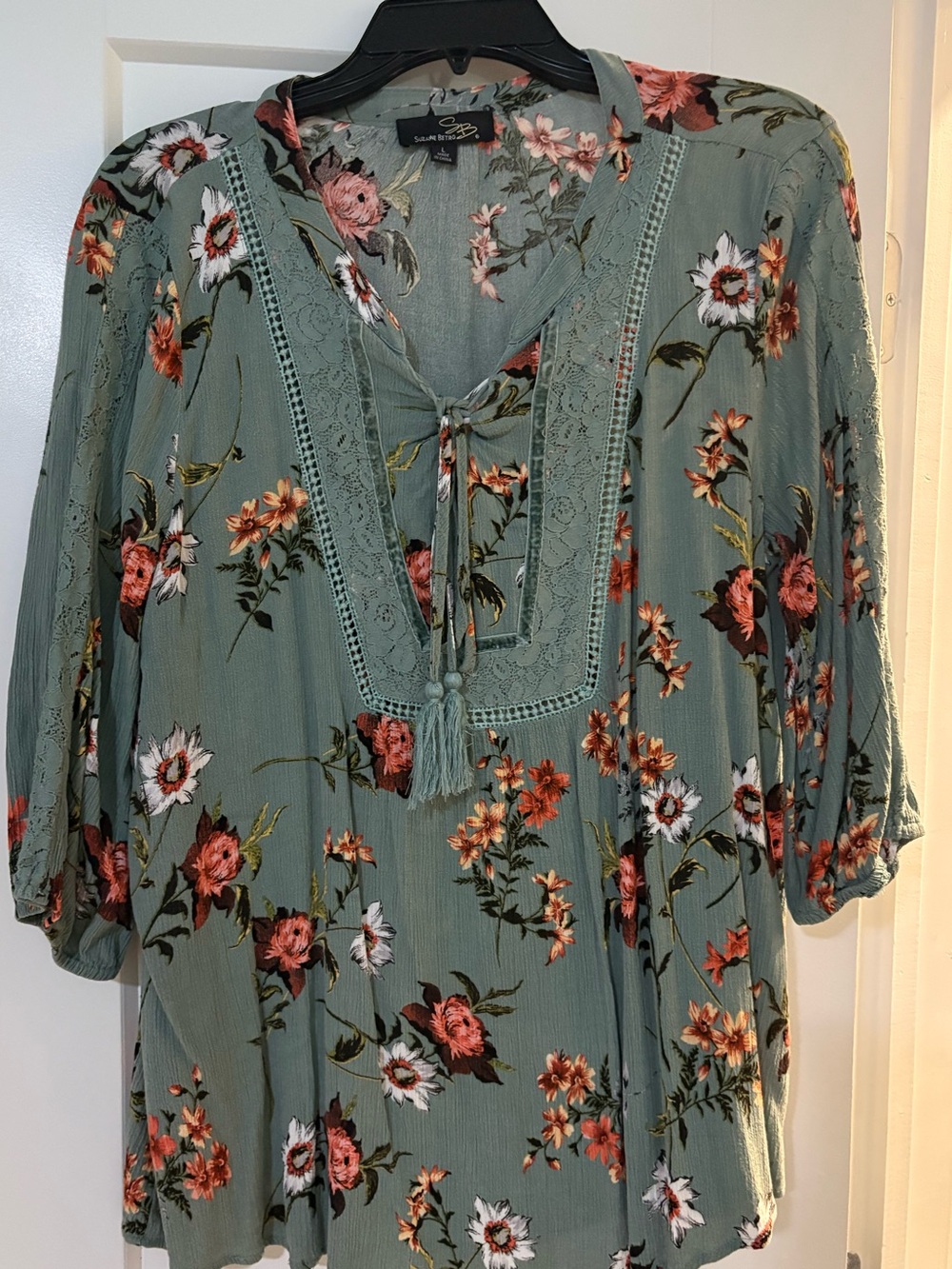 Suzanne Betro Sage Floral Peasant Top with Tassel Tie
